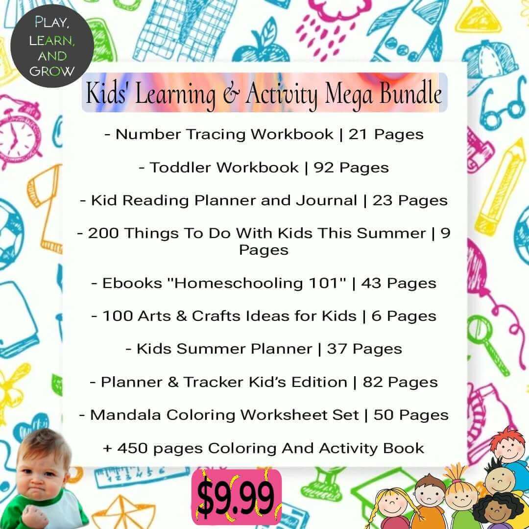 Kids' Learning & Activity Mega Bundle with number tracing, toddler workbooks, reading planner, summer ideas, homeschooling ebooks, and more for $9.99