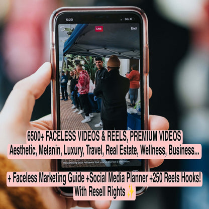 Person holding a phone displaying a video, promoting 6500+ faceless videos & reels featuring aesthetics, luxury, travel, wellness, and business