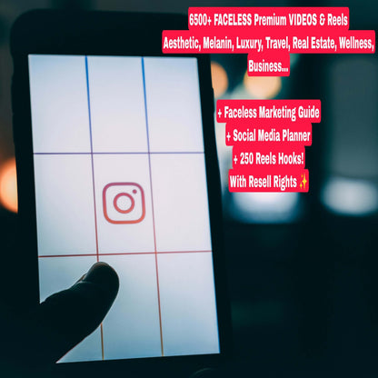 Smartphone screen with Instagram logo, promoting 6500+ faceless videos, aesthetic, melanin, luxury, travel, real estate, wellness content, and more.