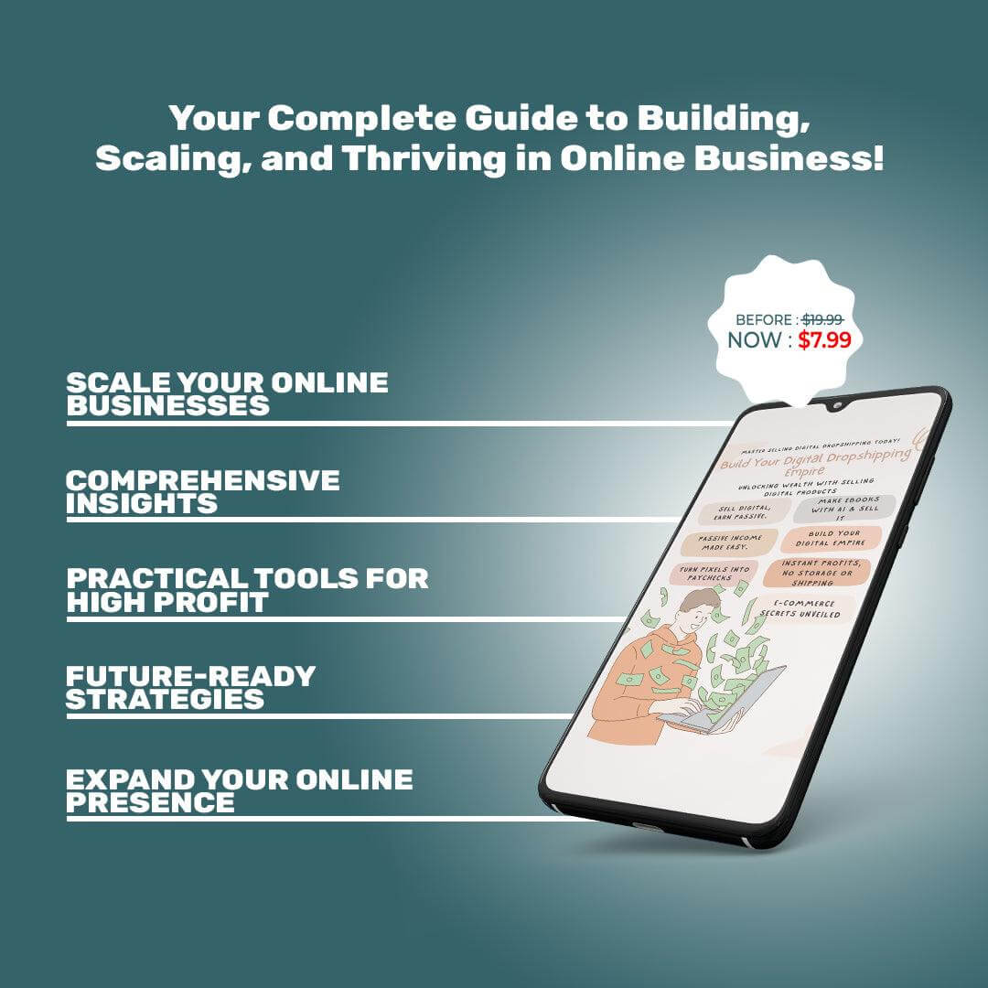 Guide to building, scaling, and thriving in online business with special offer price of $7.99, displayed on a smartphone screen.