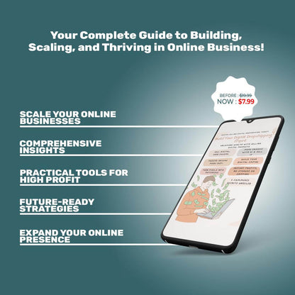 Guide to building, scaling, and thriving in online business with special offer price of $7.99, displayed on a smartphone screen.