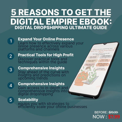 "Five reasons to get the Digital Empire ebook: Digital Dropshipping Ultimate Guide on sale for $7.99, highlighting online presence, profit tools, insights, and scalability."