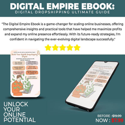 Digital Empire Ebook cover showing tips for digital dropshipping with discounted price of $7.99, emphasizing online business growth and success